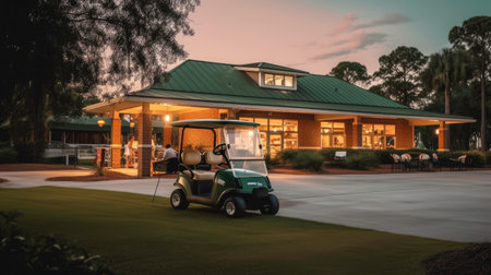 Golf Cart Parked near the Club on a Green Course generated by AIの素材