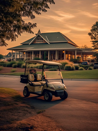 Golf Cart Parked near the Club on a Green Course generated by AIの素材