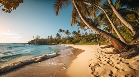 A Tropical Beach with Palm Trees and Sand on a Sunny Day generated by AIの素材