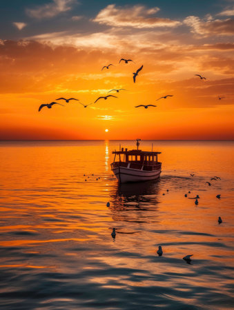 A Boat and a Few Birds in the Sea at Sunset generated by AIの素材
