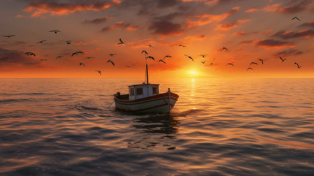A Boat and a Few Birds in the Sea at Sunset generated by AIの素材