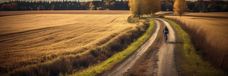A Person Riding a Bicycle on a Rural Road with Fields and Trees in the Background generated by AIの素材