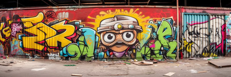 Colorful Cartoon Graffiti Mural on Urban Wall generated by AIの素材