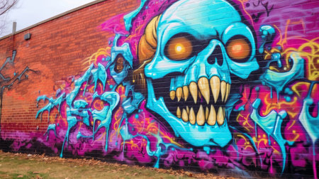 Colorful Cartoon Graffiti Mural on Urban Wall generated by AIの素材