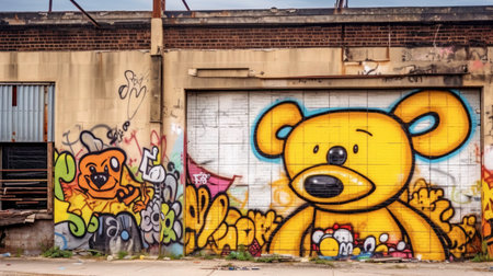 Colorful Cartoon Graffiti Mural on Urban Wall generated by AIの素材