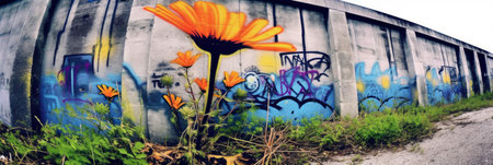 Colorful Cartoon Graffiti Mural on Urban Wall generated by AIの素材