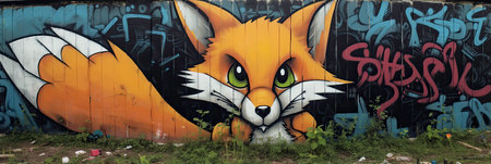 Colorful Cartoon Graffiti Mural on Urban Wall generated by AIの素材