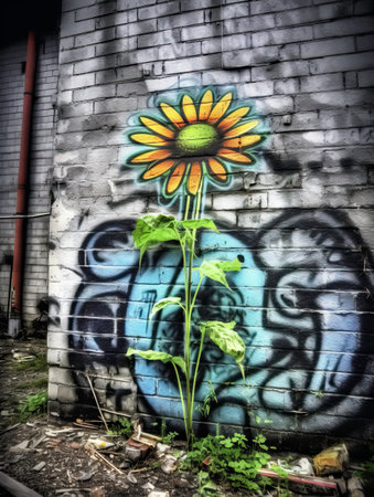 Colorful Cartoon Graffiti Mural on Urban Wall generated by AIの素材