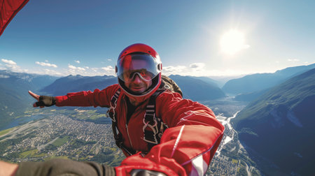 Flying with Joy: Parachutist in Red Suit and Helmet in Summer Sky generated by AIの素材