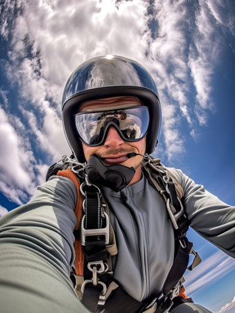 Flying with Fun: Parachutist Taking Self Portrait with Camera in Summer Sky generated by AIの素材