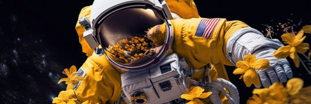 Cosmic Adventure: Astronaut with Flower in Zero Gravity generated by AIの素材