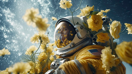 Cosmic Adventure: Astronaut with Flower in Zero Gravity generated by AIの素材