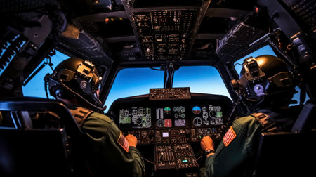 Close Up of Pilot and Co-Pilot with Joystick in Cockpit generated by AIの素材