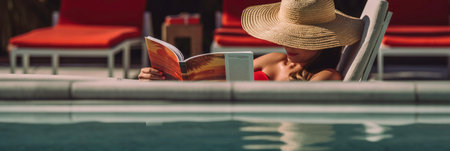 Young Girl Straw Hat Reading Book with Beach and Sea Background generated by AIの素材