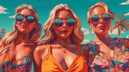 Close-up of a group of young women in colorful bikinis and sunglasses posing and smilingの素材