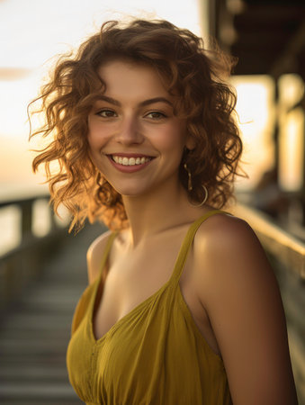 Young Woman with Light Hair and Blue Eyes Looking Away with Sea and Pier Background generated by AIの素材