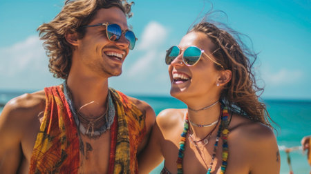 Close Up of Young Couple with Light Hair and Blue Eyes Smiling at Each Other generated by AIの素材