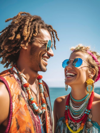 Close Up of Young Couple with Light Hair and Blue Eyes Smiling at Each Other generated by AIの素材