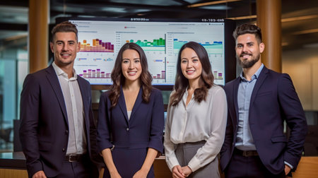 Group of Business People Standing in Front of Large LCD Screen generated by AIの素材