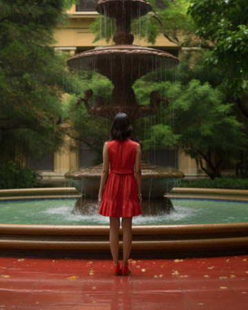 Teenager in red dress and scarf posing by fountain - generated by AIの素材