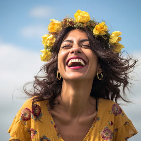 Close-up portrait of a young Indian woman with colorful makeup and jewelry - generated by AIの素材