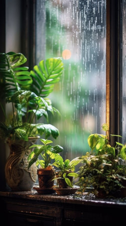 A Beautiful Contrast of Nature on a Window Generated by AIの素材