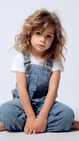 Cool and Casual: A Cute Girl in a Denim Jumpsuit on a Light Backgroundの素材