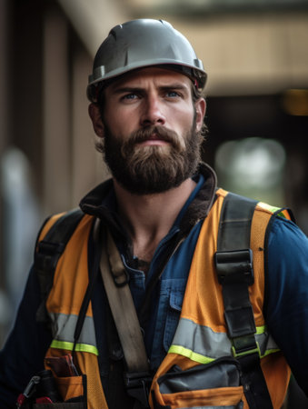 Handsome and Muscular Man in Safety Helmet and Vest at Workの素材