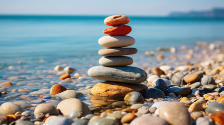 Zen concept of harmony and peace with a pyramid of round stones in a lake - generated by AIの素材