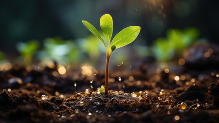 Closeup of a green sprout emerging from the earth with sunlight - generated by AIの素材