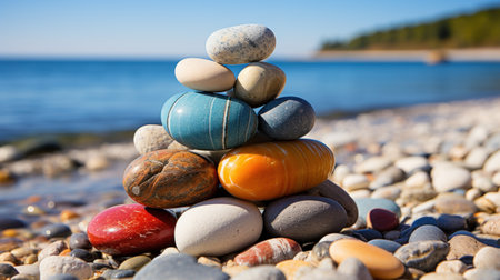 Creative design of round stones forming a pyramid in water with a beautiful landscape - generated by AIの素材
