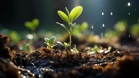 Nature concept of growth and life with a green sprout in the soil and sun rays - generated by AIの素材