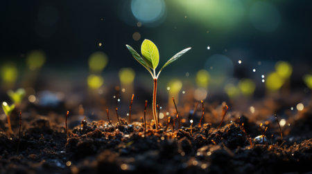 Nature concept of growth and life with a green sprout in the soil and sun rays - generated by AIの素材