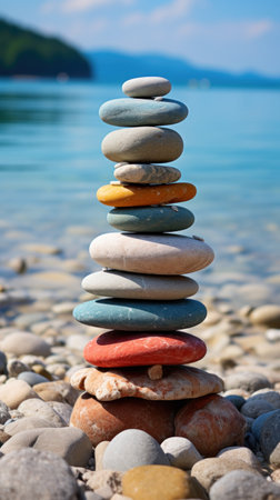 Creative design of round stones forming a pyramid in water with a beautiful landscape - generated by AIの素材