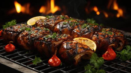Meat on a grill fire: barbecue cooking outdoors - generated by AIの素材