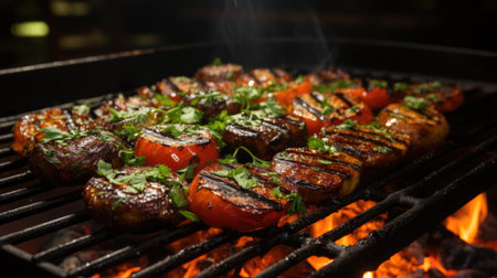 Meat on a grill fire: barbecue cooking outdoors - generated by AIの素材