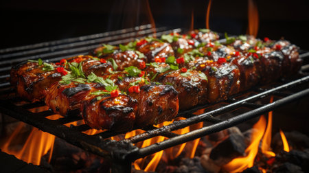 Meat on a grill fire: barbecue cooking outdoors - generated by AIの素材