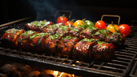 Hot and smoky barbecue: meat grilling on fire - generated by AIの素材