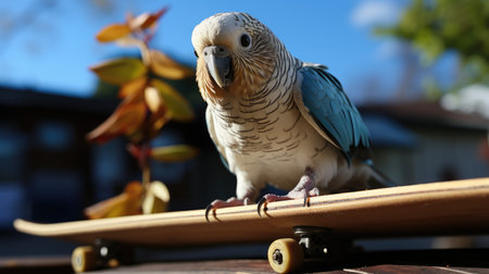 Parrot riding a skateboard in the park: a fun and leisure activity - generated by AIの素材