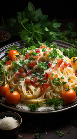 pasta with bacon pieces and herbs generated by AIの素材