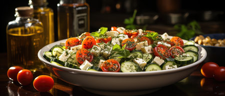 fresh tomato and cucumber salad and cheese pieces generated by AIの素材