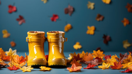 rubber boots and maple leaves, advertising space generated by AIの素材