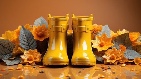 rubber boots and maple leaves, advertising space generated by AIの素材