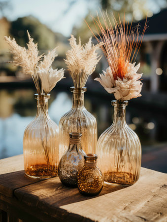 A trio of small vases with buds on a table with tropical greenery and pampas grass. Generated by AIの素材