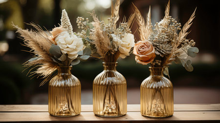A trio of small vases with buds on a table with tropical greenery and pampas grass. Generated by AIの素材