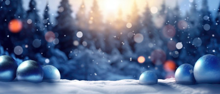 Christmas winter background with snow and blurry bokeh. Generated by AIの素材