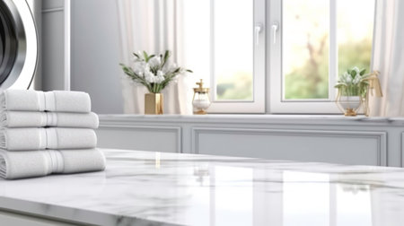 An empty white marble countertop on the white blurred interior of the bathroom. Generated by AIの素材