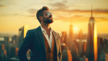 Happy, wealthy, rich, successful business man standing on the street of modern skyscrapers. Generated by AIの素材