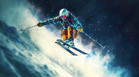 The skier confidently and accurately descends, dressed in bright ski equipment. Generated by AIの素材