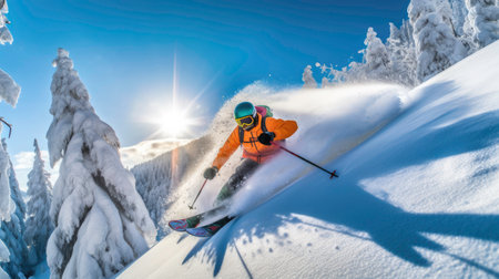 The skier confidently and accurately descends, dressed in bright ski equipment. Generated by AIの素材